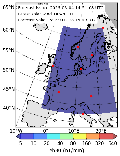 dB/dt forecast overlayed on map of Europe
